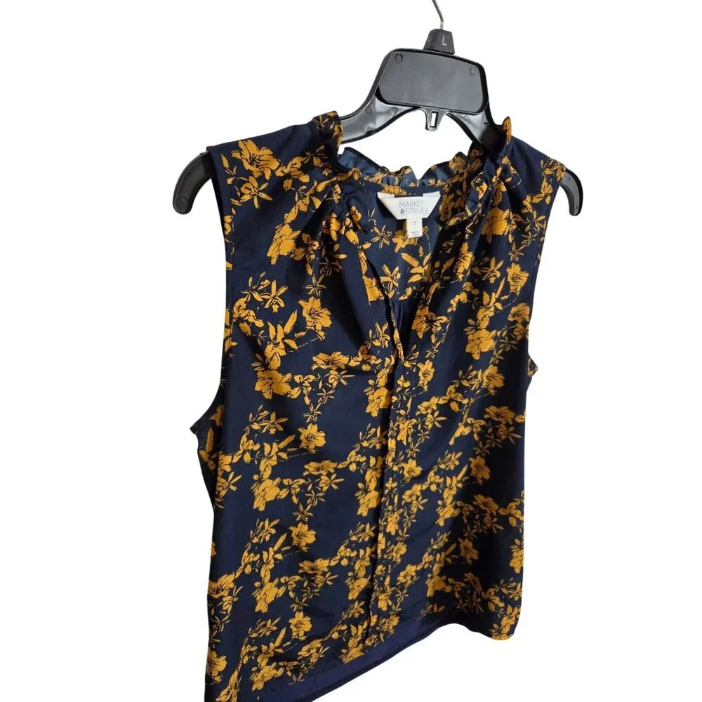 Market & Spruce Floral Sleeveless Ruffle Blouse Navy & Yellow Womens Large - Picture 9 of 14
